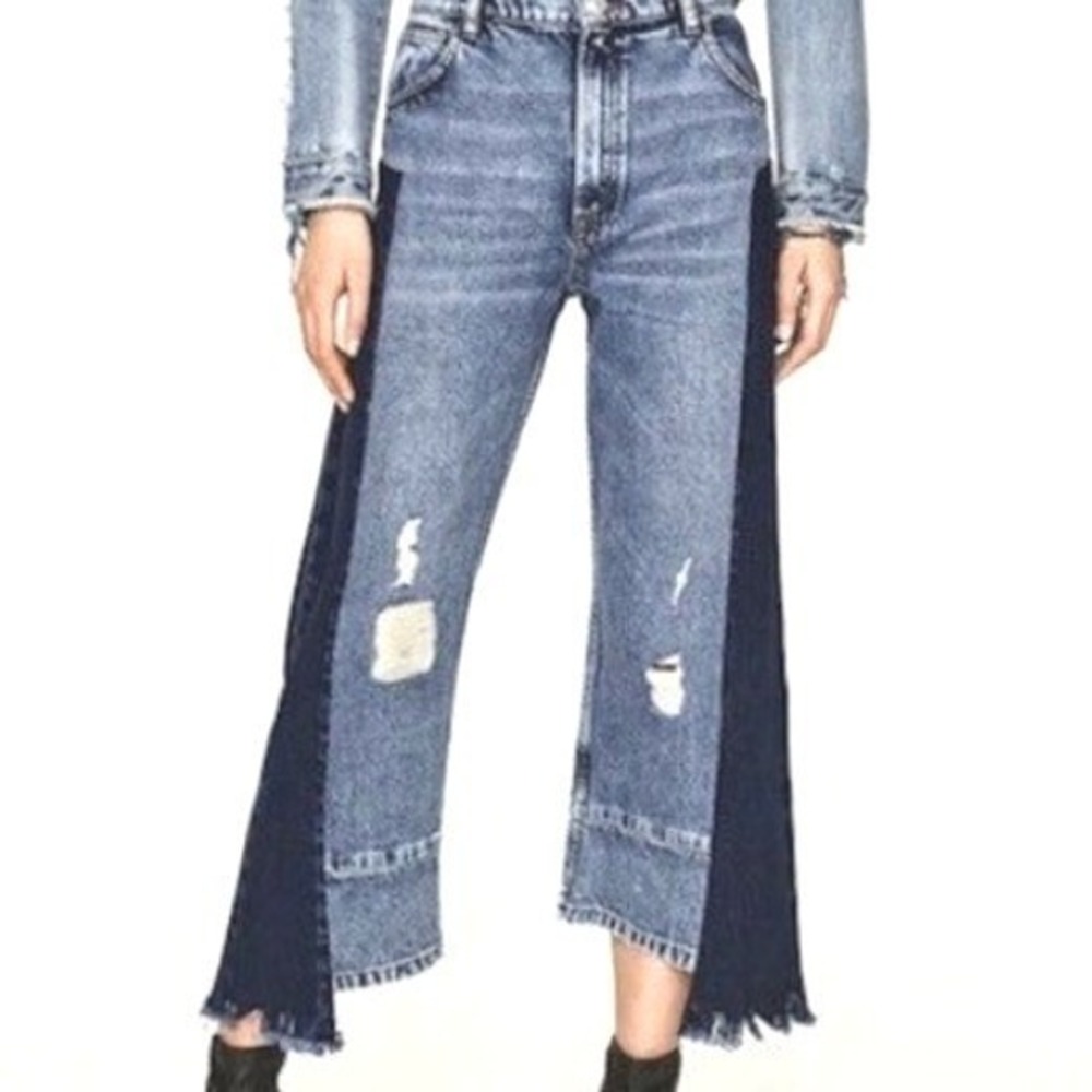 ZARA Women's 2 TRF Denim IX'D Makers distressed high rise wide leg jeans 2 Tone